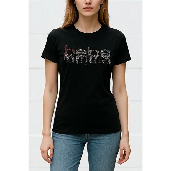 2/$15 Vintage Y2K Bebe Crystal Logo Rainbow Rhinestone Top Black Spellout Size M - Picture 1 of 11